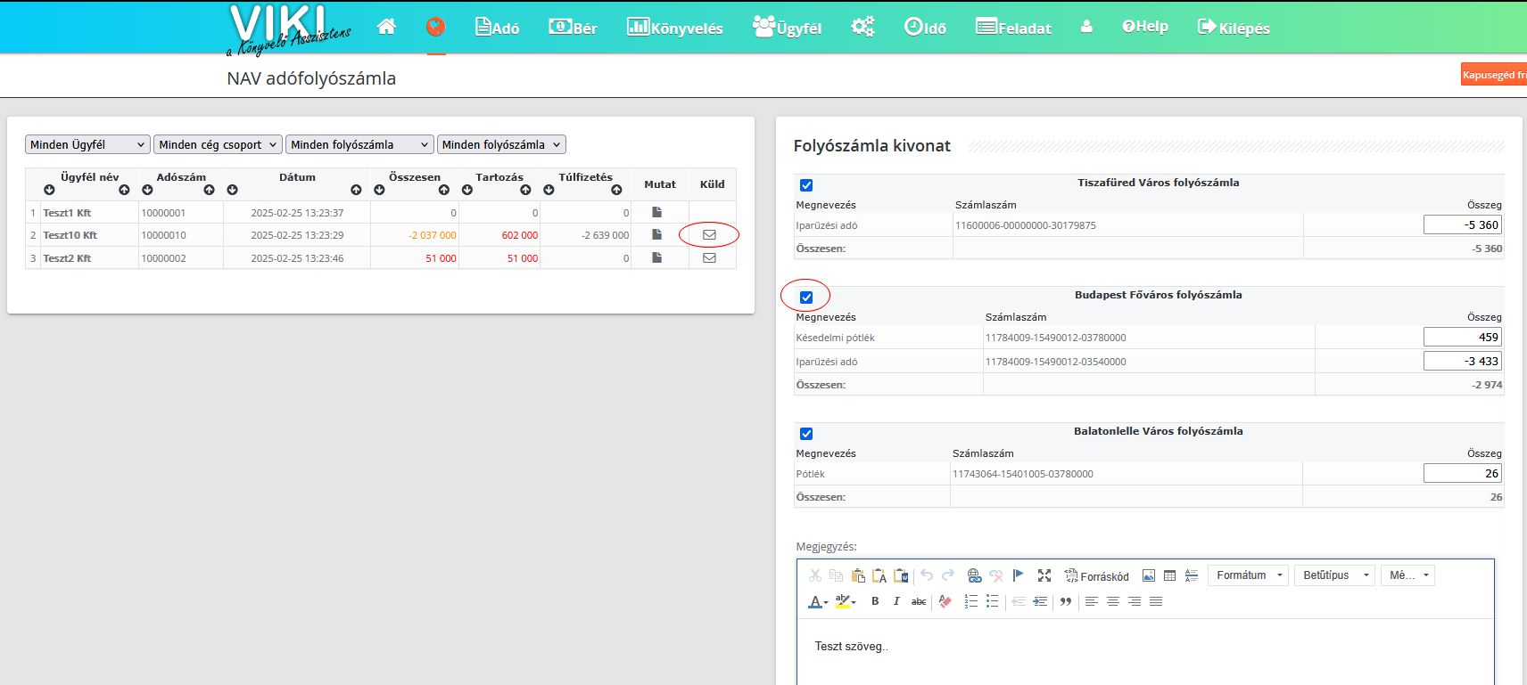 VIKI NAV adófolyószámla küldés