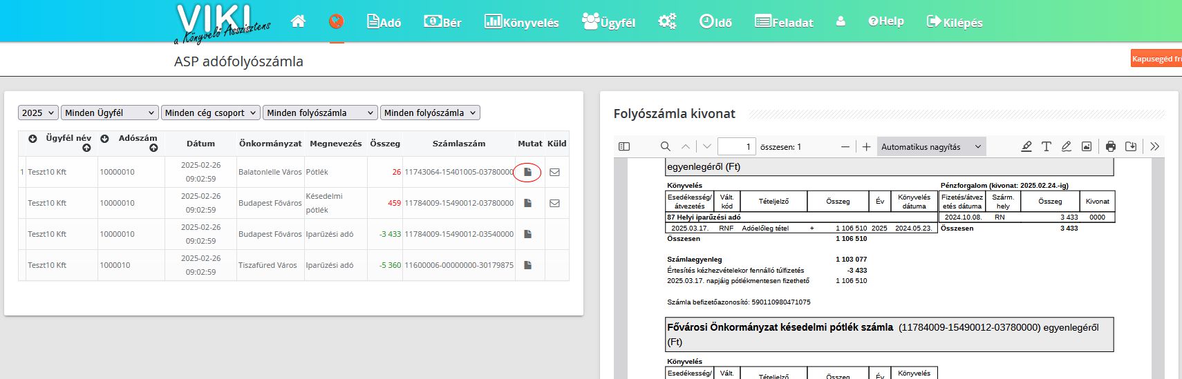 VIKI ASP adófolyószámla megjelenítés
